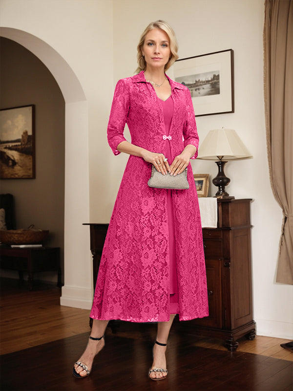 Robe mère de la mariée en mousseline longueur thé à encolure en V et coupe trapèze