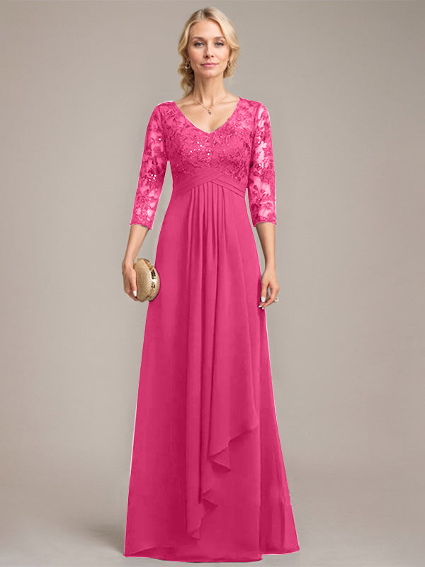 A-Linien V-Ausschnitt bodenlanges Spitzen-Chiffonkleid für die Mutter der Braut mit kaskadierenden Rüschen und Pailletten