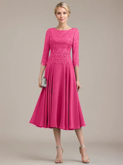 A-Linien Kleid mit Rundhalsausschnitt, tea-länge, Spitze und Chiffon, Mutter der Braut Kleid