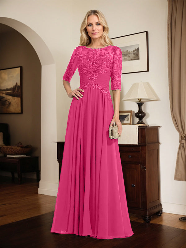 A-Linien Ausschnitt Illusions-Bodenlanges Chiffon-Spitzenkleid für die Mutter der Braut mit plissierten Pailletten