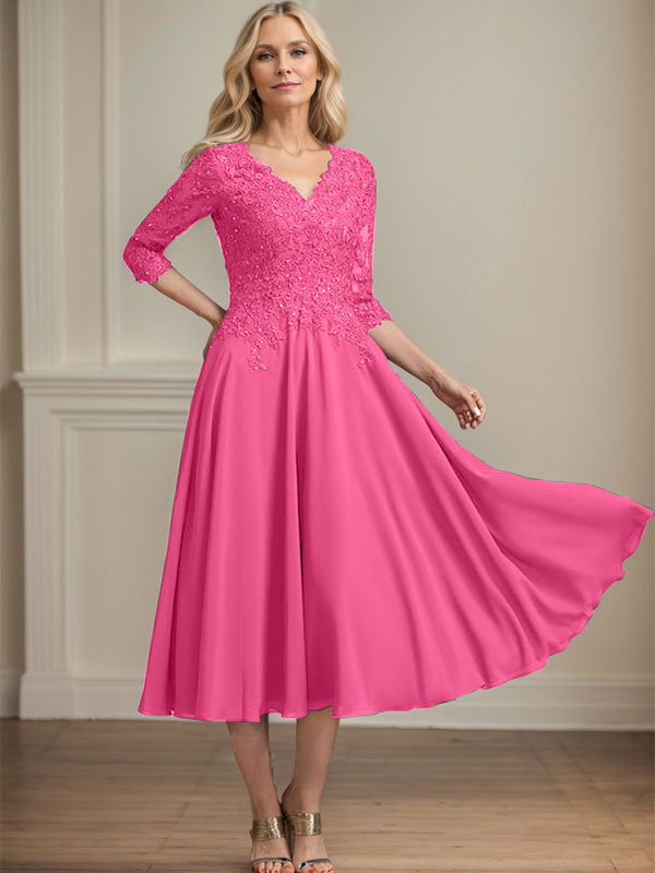 Robe de mère de la mariée en mousseline longueur thé, ligne A, col en V, en dentelle avec perles et sequins