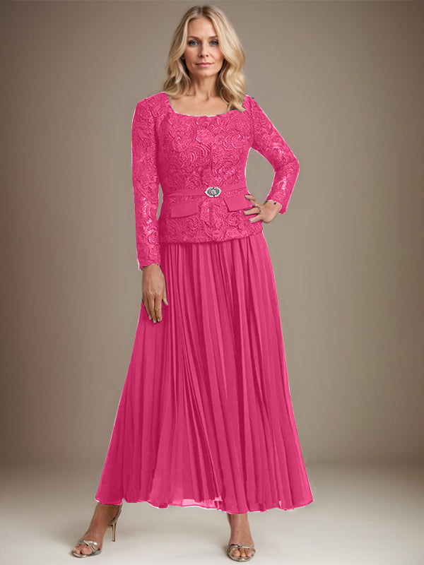 A-Linien-Kleid mit quadratischem Ausschnitt, knöchellang, Chiffon, Mutter der Braut, mit Falten