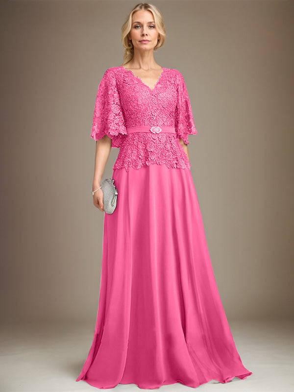 A-Linien V-Ausschnitt Bodenlanges Chiffon-Spitzen Mutter-der-Braut-Kleid mit Kristallbrosche und Strass