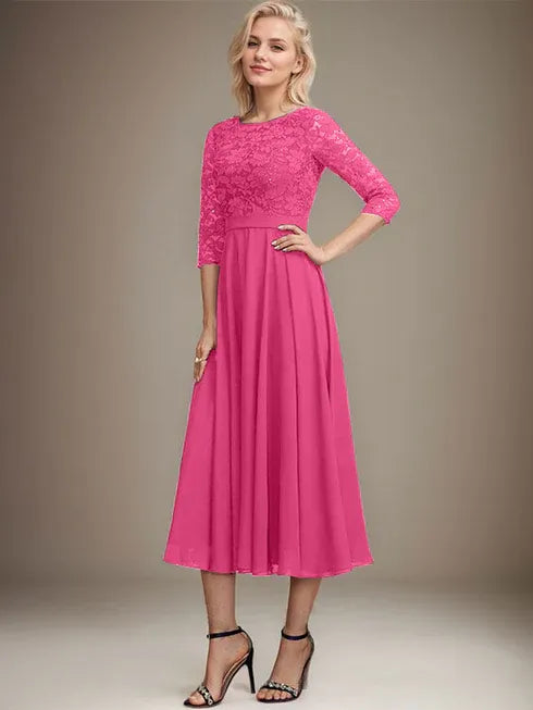 A-Linien Spitzen-Chiffon-Brautmutterkleid mit V-Ausschnitt, tea-length, mit Pailletten