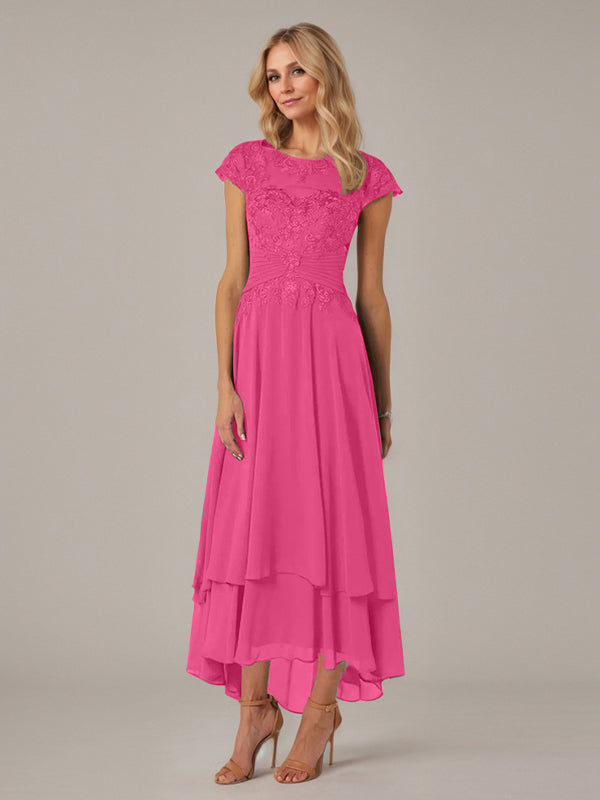 A-Linien Boot-Ausschnitt Illusions asymmetrisches Chiffon-Spitzen Mutterkleid der Braut mit Applikationsfalten