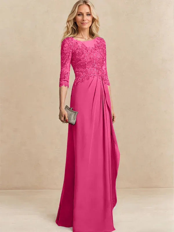 Vestido para la madre de la novia línea A con escote redondo ilusión, largo hasta el suelo, de gasa y encaje con cuentas, lentejuelas y volantes en cascada