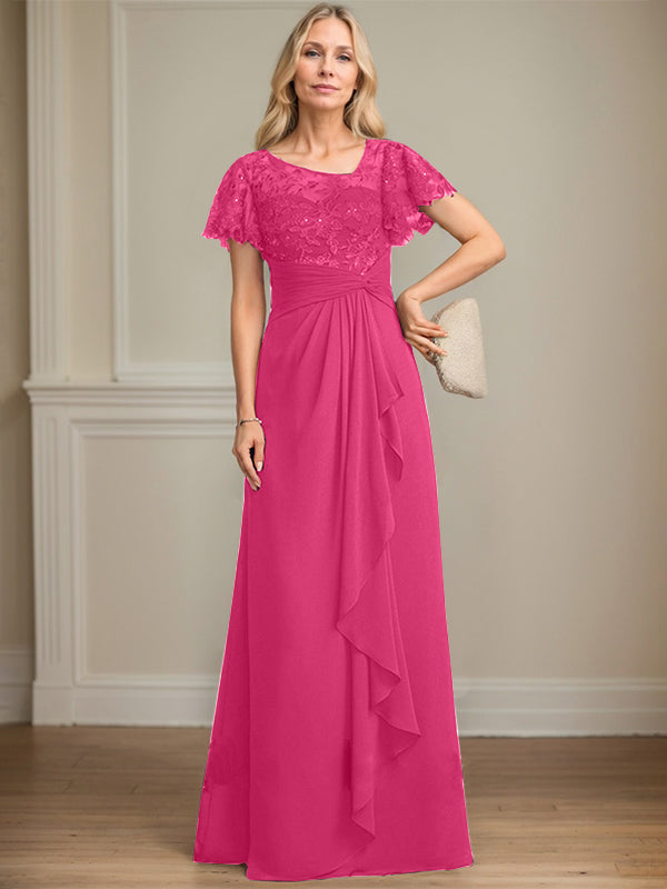 A-Linie asymmetrisches Illusions bodenlanges Spitzen-Chiffon Brautmutterkleid mit kaskadierenden Volants und Pailletten