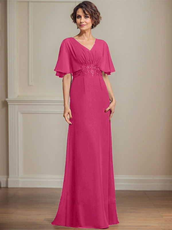 A-Linien Chiffon Mutter-der-Braut-Kleid mit V-Ausschnitt, bodenlang, mit plissierten Pailletten-Applikationen und Spitze