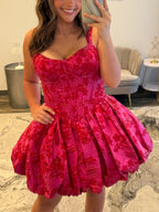 Hot Pink A-Line Sweetheart Straps Boned Satin Floral Homecoming Dress