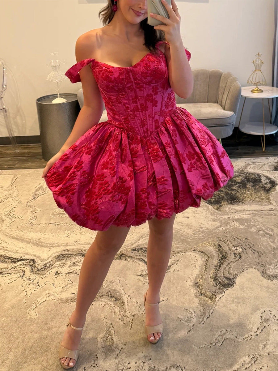 Hot Pink A-Line Sweetheart Straps Boned Satin Floral Homecoming Dress