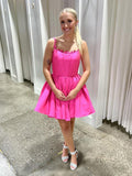 Hot Pink A-line Lace Straps Satin Short Homecoming Dress