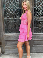 Hot Pink Halter Lace and Chiffon Ruffle Short Homecoming Dress