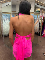 Hot Pink Halter V Neck Short Tight Homecoming Dress