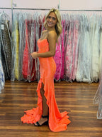 Hot Pink Mermaid Strapless Corset Bodice Long Prom Dress with Ruffle Slit