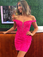 Hot Pink Off the Shoulder Appliques Short Homecoming Dress