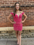 Hot Pink Off the Shoulder Sequin Tight Short Homecoming Dress