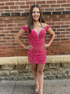 Hot Pink Off the Shoulder Sequin Tight Short Homecoming Dress