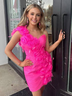 Hot Pink One Shoulder Bodycon Short Homecoming Dress with 3D Floral