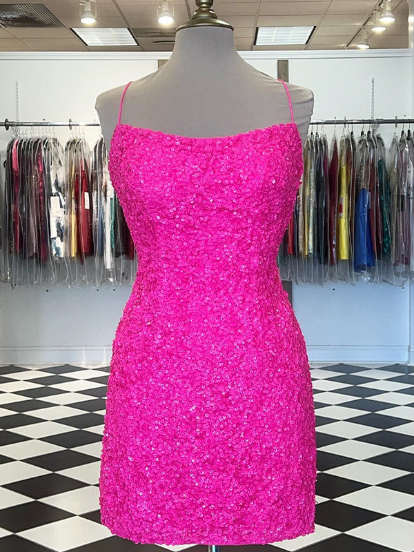 Hot Pink Sequin Spaghetti Straps Bodycon Short Homecoming Dress