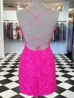 Hot Pink Sequin Spaghetti Straps Bodycon Short Homecoming Dress