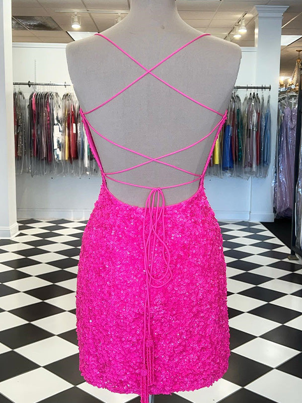 Hot Pink Sequin Spaghetti Straps Bodycon Short Homecoming Dress