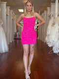 Hot Pink Sequin Spaghetti Straps Bodycon Short Homecoming Dress