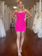 Hot Pink Sequin Spaghetti Straps Bodycon Short Homecoming Dress