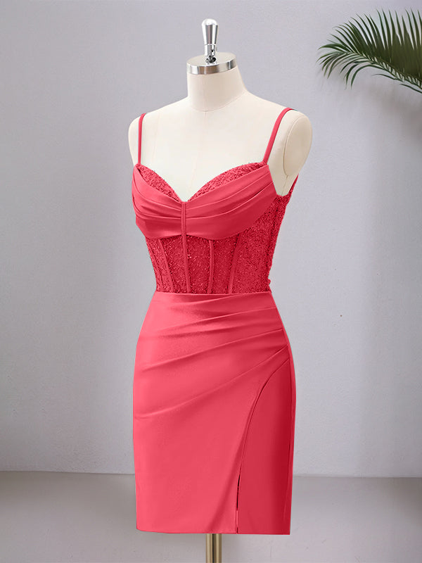 Hot Pink Spaghetti Straps Bodycon Corset Satin Homecoming Dress with Slit