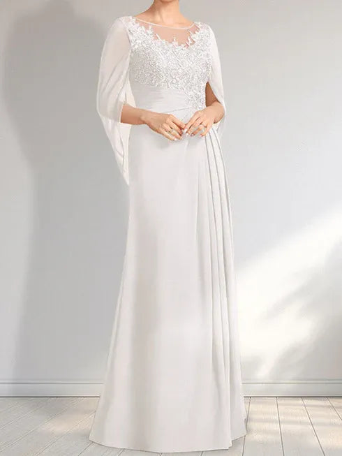 A-Linien Rundhals Illusions bodenlanges Spitzen-Chiffon Kleid für die Brautmutter mit plissierten Pailletten