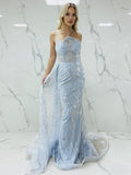 Ice Blue Geometric Beaded Prom Dress with Tulle Overskirt