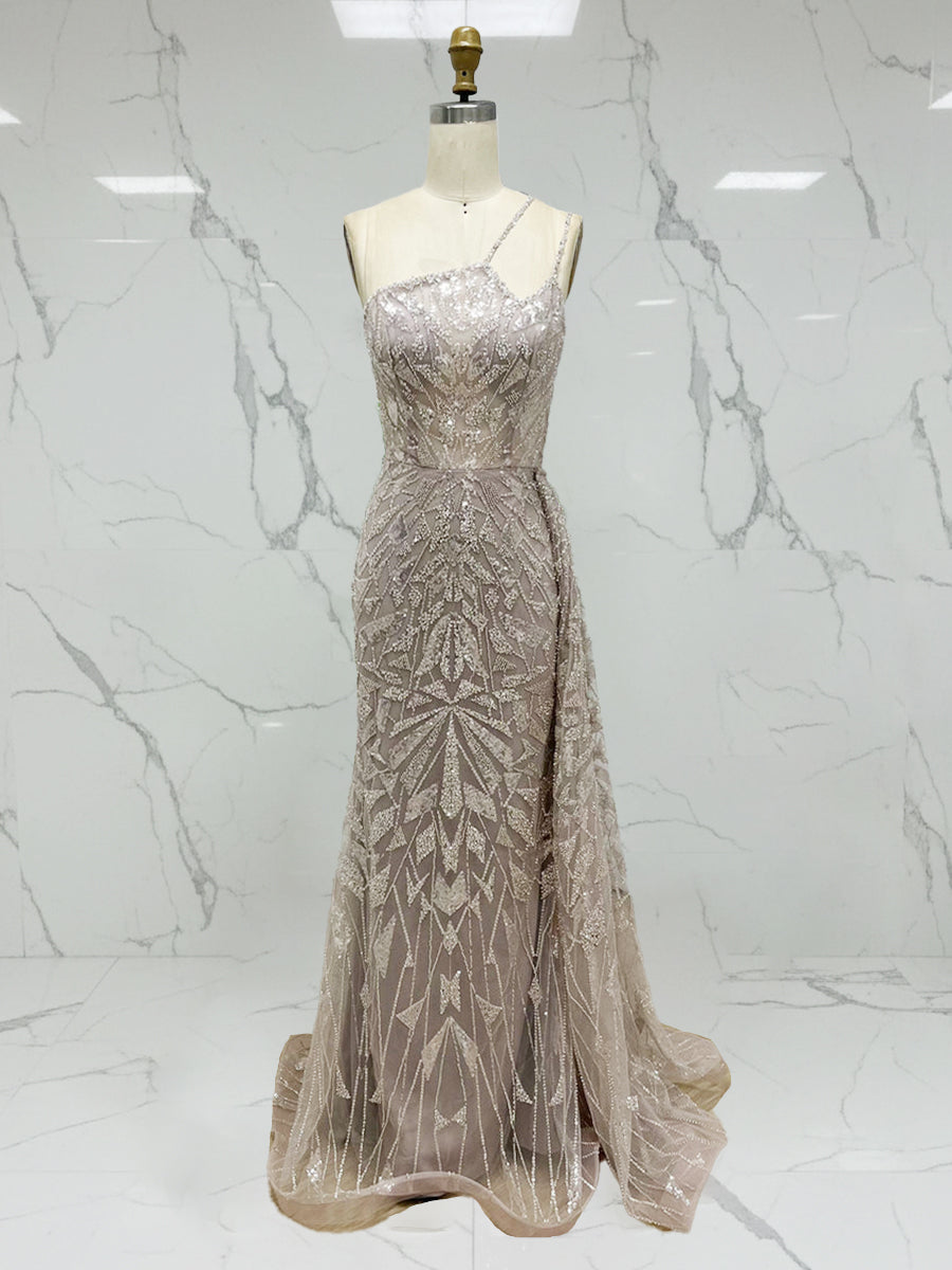 Ice Blue Geometric Beaded Prom Dress with Tulle Overskirt