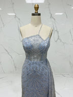 Ice Blue Geometric Beaded Prom Dress with Tulle Overskirt