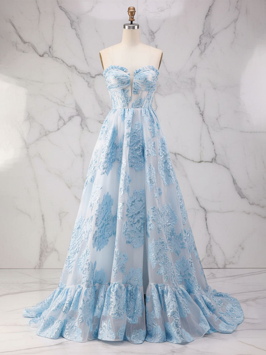 Abito da ballo a linea A blu senza spalline con corsetto strutturato