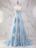 Abito da ballo a linea A blu senza spalline con corsetto strutturato