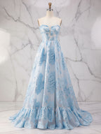 Abito da ballo a linea A blu senza spalline con corsetto strutturato
