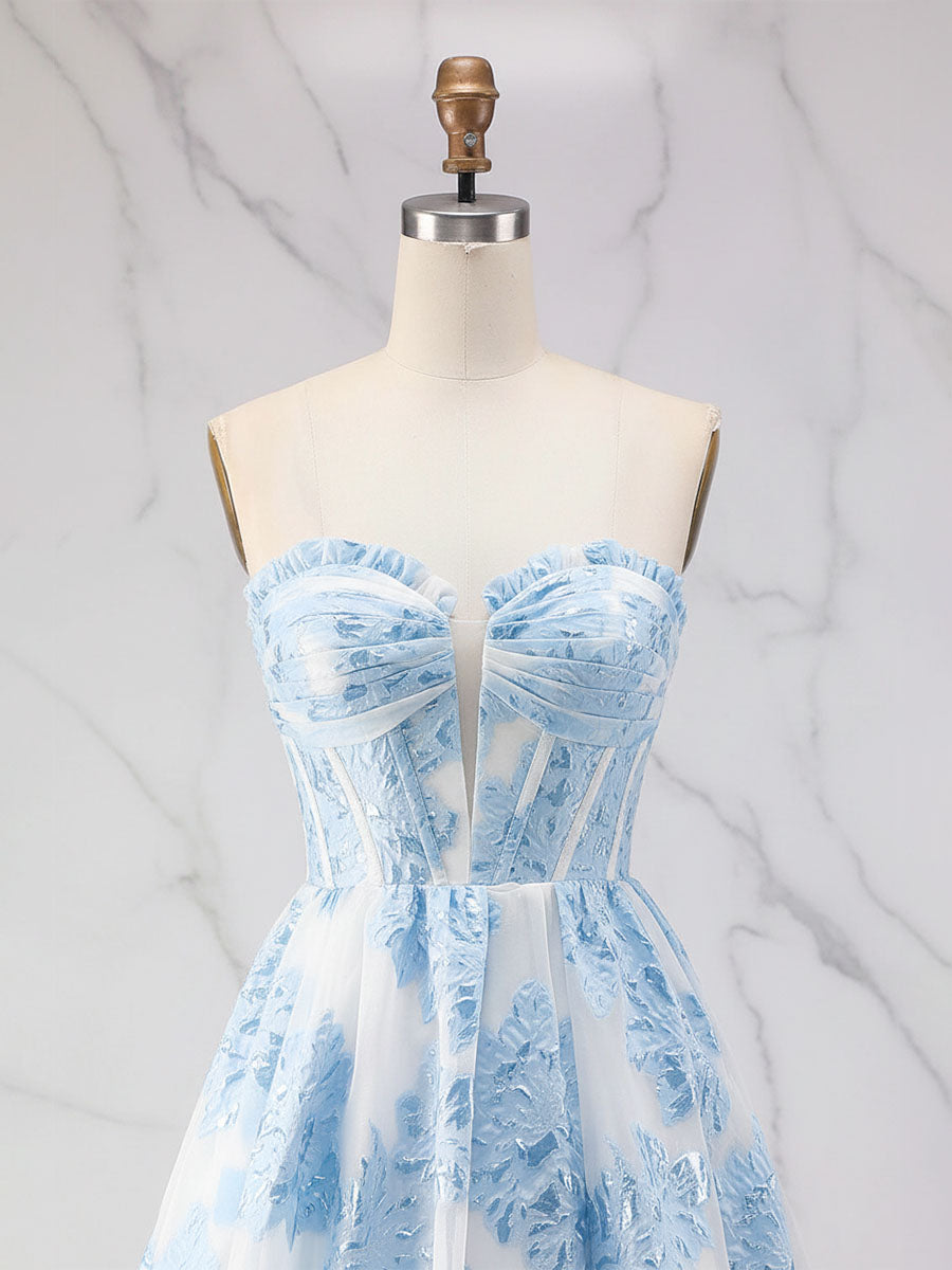 Abito da ballo a linea A blu senza spalline con corsetto strutturato