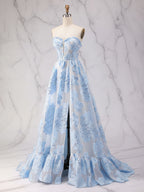 Abito da ballo a linea A blu senza spalline con corsetto strutturato