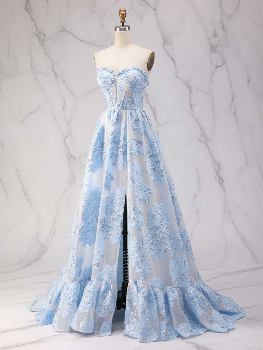 Abito da ballo a linea A blu senza spalline con corsetto strutturato