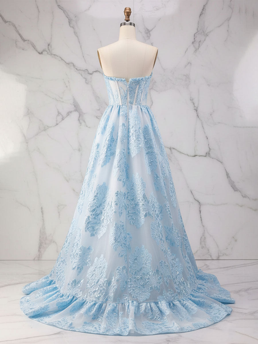 Abito da ballo a linea A blu senza spalline con corsetto strutturato