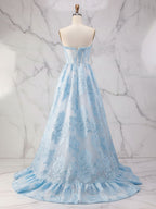 Abito da ballo a linea A blu senza spalline con corsetto strutturato