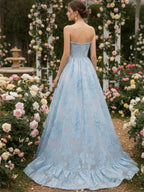 Ice Blue A-Line Strapless Textured Corset Prom Dress