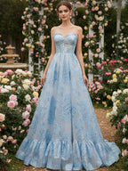 Ice Blue A-Line Strapless Textured Corset Prom Dress