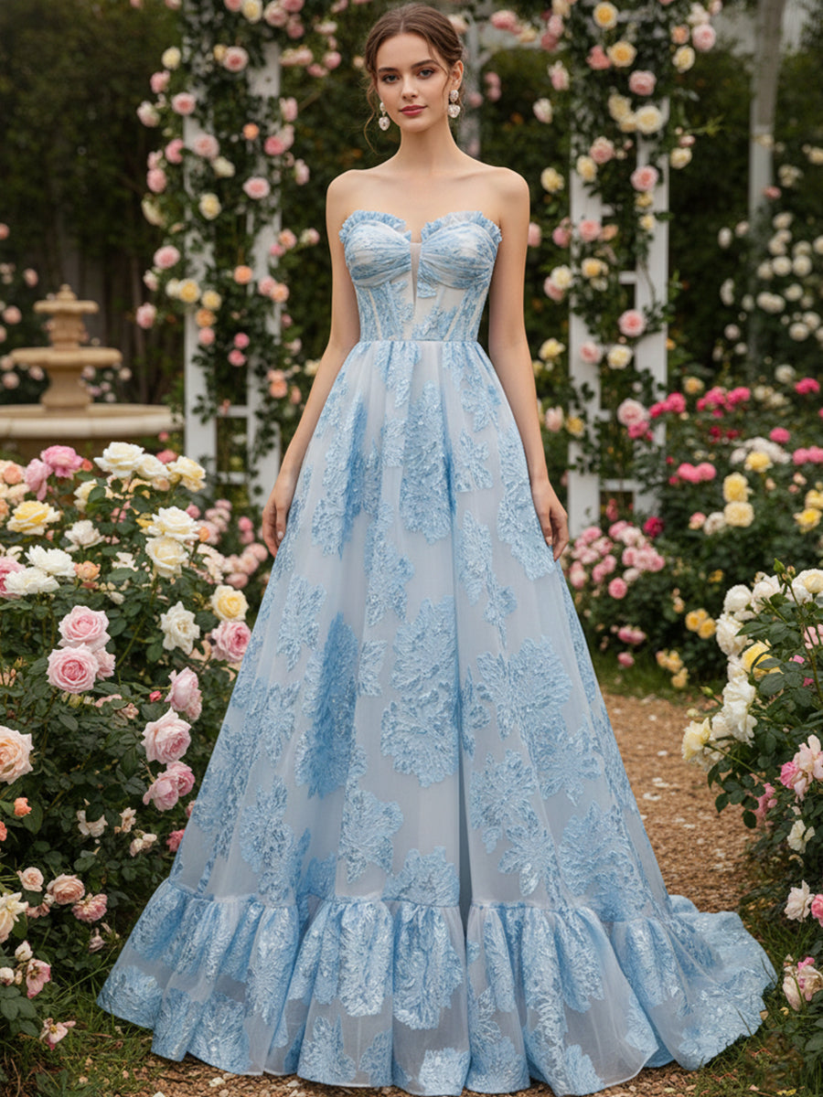 Abito da ballo a linea A blu senza spalline con corsetto strutturato