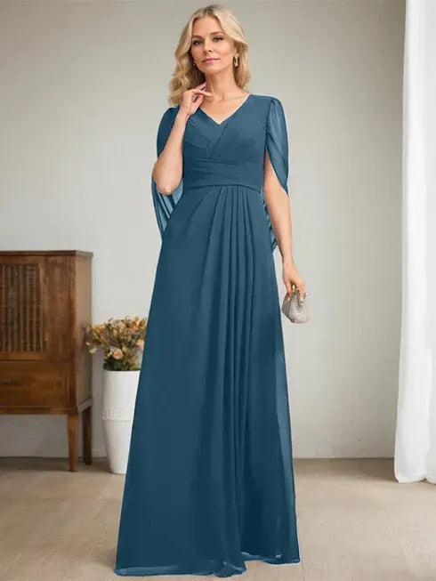 Dunkelmarineblaues A-Linien V-Ausschnitt langes Kleid für die Mutter der Braut