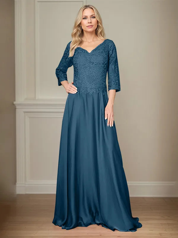A Line Chiffon V Neck 3/4 Sleeves Floor-Length Mother Of The Bride Dress With Appliques