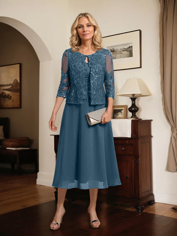 A-Linien Spitzen-Chiffon-Brautmutterkleid mit V-Ausschnitt, tea-length, mit Pailletten