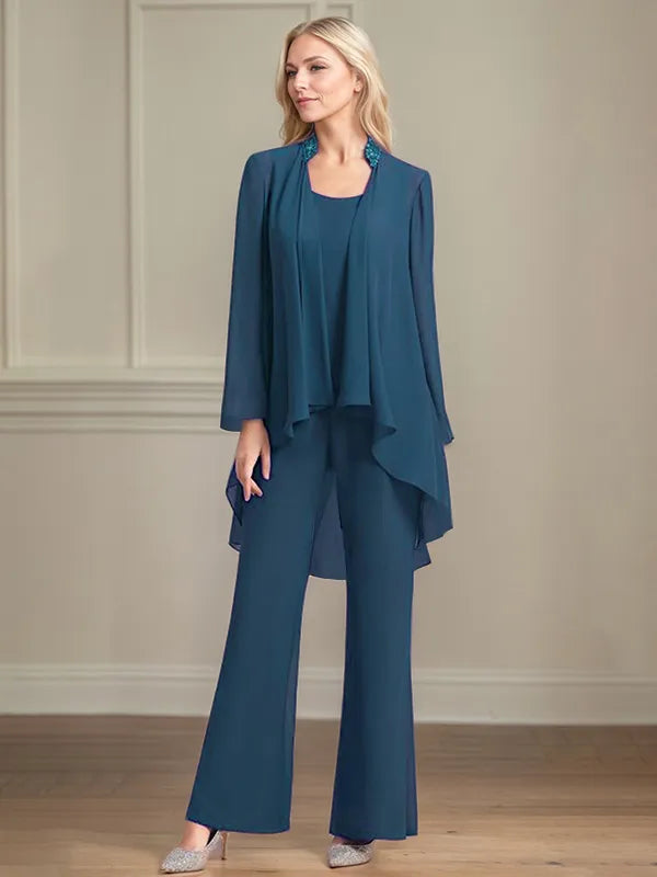 Chiffon Kleid mit Rundhalsausschnitt, langen Ärmeln, bodenlang, Hosenanzug für die Brautmutter