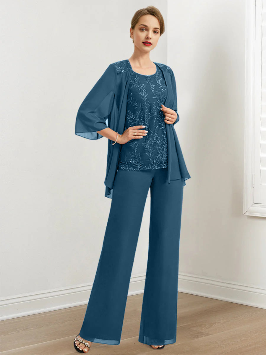 Chiffon Hosenanzüge für die Brautmutter mit Pailletten und Jacke