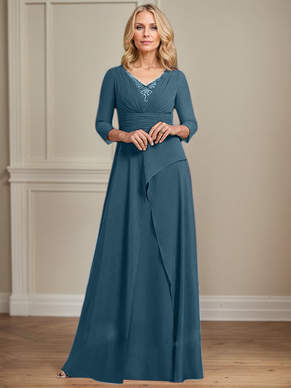 A-Linien Chiffon-Mutter-der-Braut-Kleid mit V-Ausschnitt, bodenlang, plissierte Perlenverzierung