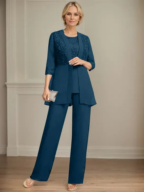Combinaison/pantalon séparé en mousseline et dentelle, longueur au sol, col rond, robe mère de la mariée avec sequins